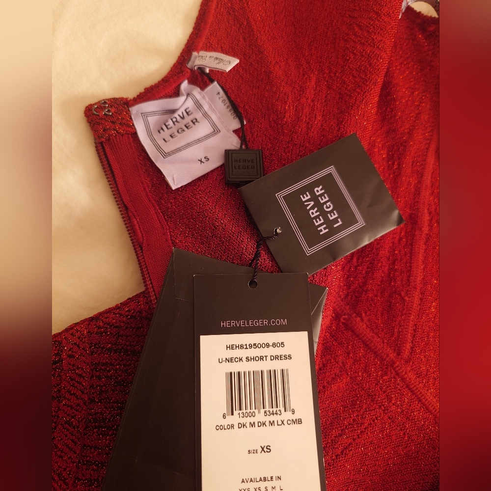 NWT Shimmery Wine Red HERVE LEGER Holiday Bodycon Icon Bandage Dress XS Sparkles - Picture 10 of 13